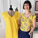shop girl Janine in her Emerald top in Liberty silk, and dress in Brussels Washer linen.